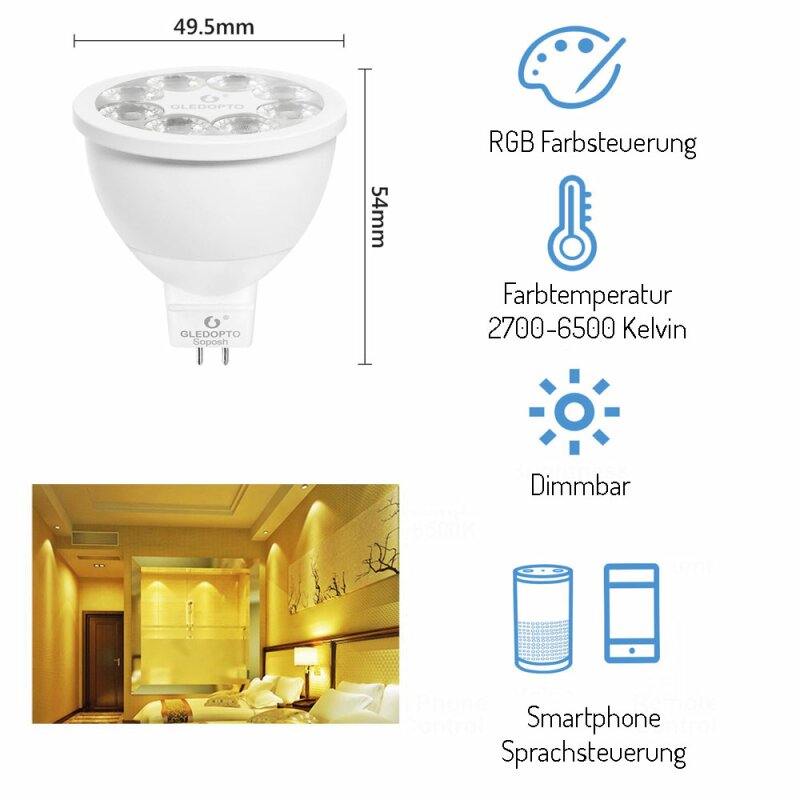 Zigbee MR16 Smart Bulbs, Compatible with Hue*, Alexa, Google & ConBee (Hub  Required), 5W, GU5.3 LED WiFi Bulb, 5W(50W), Dimmable LED AC/DC 12V, Color  Changing &Tunable White, 2 Pack LEDEPLY 