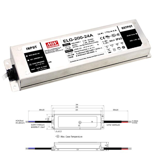 Mean Well ELG Serie Netzteil LED-Trafo IP65 Konstantspannung 200W 24 Volt